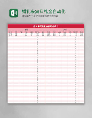 婚礼来宾及礼金自动化统计Excel表格