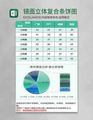 绿色镜面立体复合条饼图excel模板