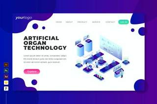 人工器官人造脏器技术-2.5D等距插画登录页界面设计素材Artificial Organ Technology - Landing Page