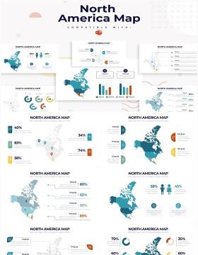 深色系北美地图PPT信息图形素材North America Map Powerpoint Infographics