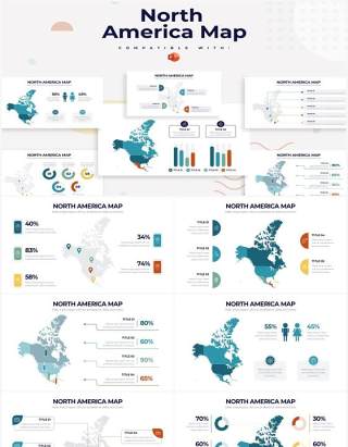 深色系北美地图PPT信息图形素材North America Map Powerpoint Infographics