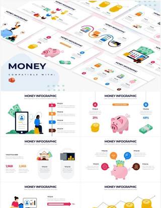 创意人物插画银行金融信息服务PPT图形素材Money Powerpoint Infographics