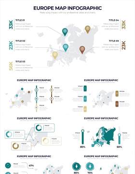 淡绿色欧洲地图信息图形PPT素材Europe Map Powerpoint Infographics