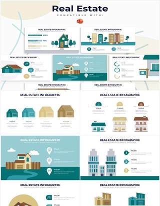 黄绿色创意房地产PPT信息图形素材Real Estate Powerpoint Infographics