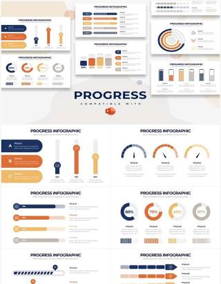 蓝黄简洁项目进度PPT信息图表素材Progress Powerpoint Infographics