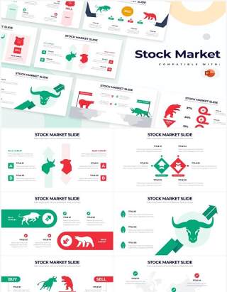 绿色红色股票市场牛市牛头PPT插画图表素材Stock Market Powerpoint Infographics