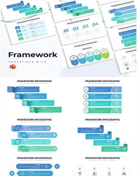 蓝绿色组织框架结构图PPT信息图形素材Framework Powerpoint Infographics