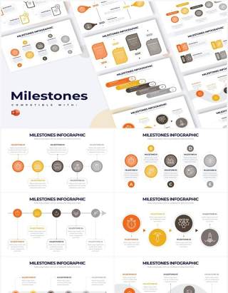 橙灰色时间轴时间线里程碑PPT信息图素材Milestones Powerpoint Infographics
