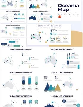 浅色系大洋洲地图PPT信息图形素材Oceania Map Powerpoint Infographics