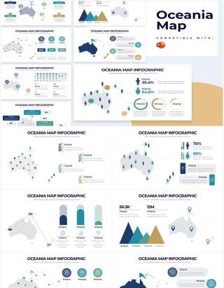 浅色系大洋洲地图PPT信息图形素材Oceania Map Powerpoint Infographics