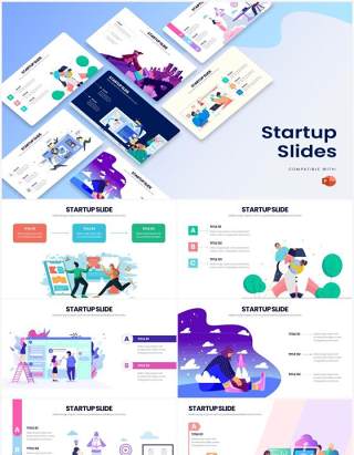 创意人物插画创业公司项目启动PPT模板素材Startup Powerpoint Infographics