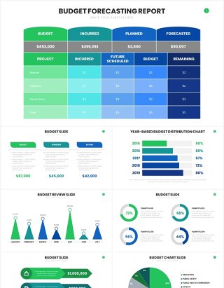 蓝绿色财务预算信息图表PPT模板Budge Slides