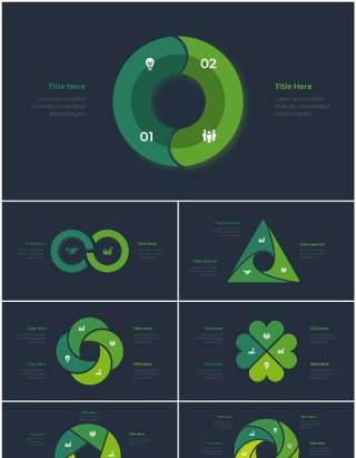 深色背景绿色循环关系箭头拼图时间轴PPT信息图表素材Infographic Green