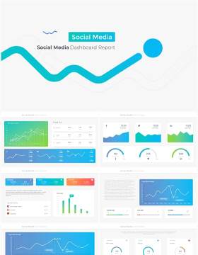 蓝色系社交媒体数据分析可视化仪表板PPT模板Social media Dashboard