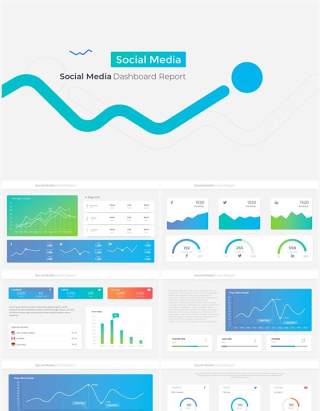 蓝色系社交媒体数据分析可视化仪表板PPT模板Social media Dashboard