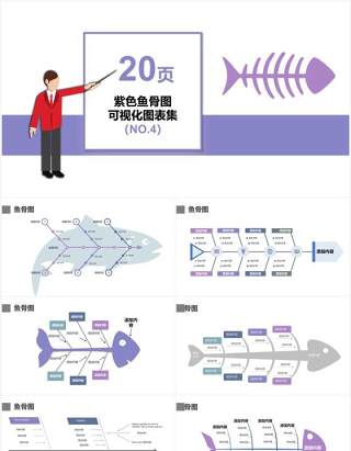 紫色20页鱼骨图可视化图表集PPT模板