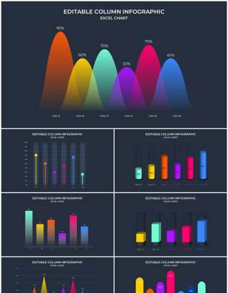 多彩深色系可编辑数据图表多形式对比关系PPT素材元素Excel data charts