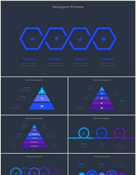 深色背景蓝色圆形结构图并列关系信息图表PPT元素素材Infographic Blue