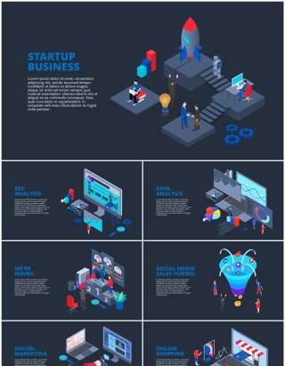 深色背景立体等轴商业商务人物插画PPT元素信息图表Isometric