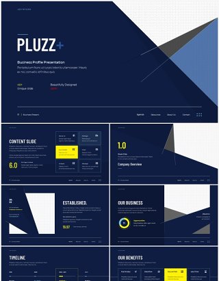 深蓝色简约公司简介企业宣传PPT模板PLUZZ - Company Profile