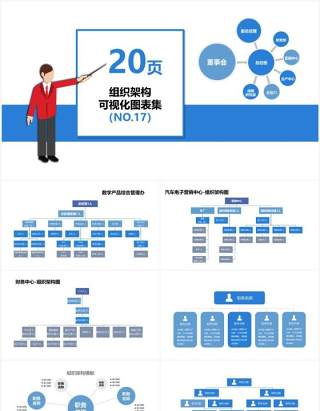 蓝色简约企业组织架构可视化图表集PPT模板