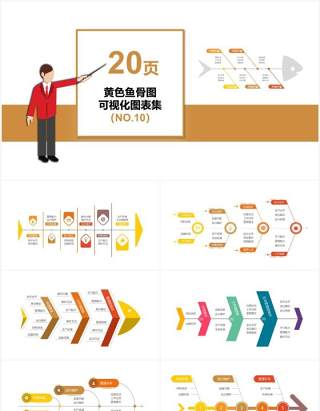 黄色20页鱼骨图可视化图表集PPT模板