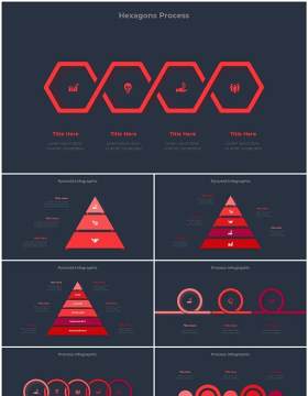 深色背景红色圆形结构图并列关系信息图表PPT元素素材Infographic Red