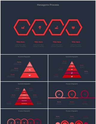 深色背景红色圆形结构图并列关系信息图表PPT元素素材Infographic Red