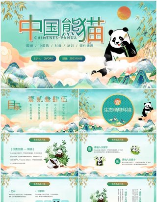 绿色国潮风中国熊猫介绍PPT模板