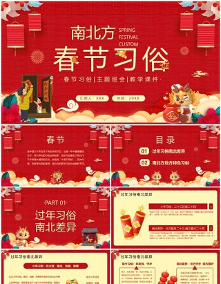 红色中国风南北方春节习俗PPT模板