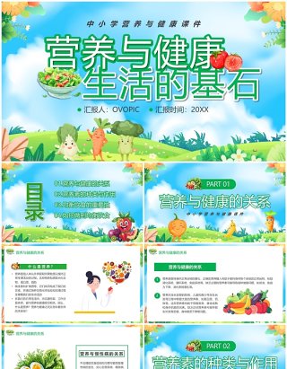 蓝绿卡通风营养与健康生活的基石中学生营养与健康PPT模板