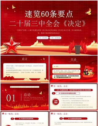 红色简约风三中全会决定60条要点速览PPT模板