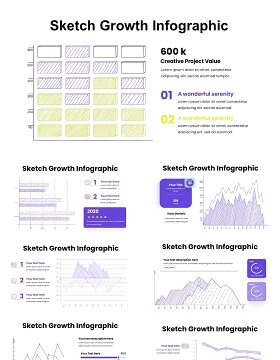 彩色简洁素描线图信息增长图表PPT素材模板Drawing Sketch Growth Infographic