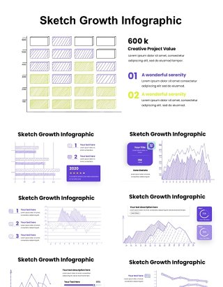 彩色简洁素描线图信息增长图表PPT素材模板Drawing Sketch Growth Infographic