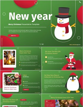 绿色红色插画卡通风圣诞节主题PPT英文模板Christmas Powerpoint Template