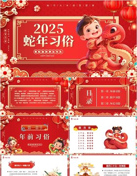 红色中国风2025蛇年习俗介绍PPT模板