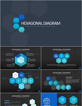 蓝色六边形信息图PPT模板素材Wide Blue Dark Hexagonal Infographic