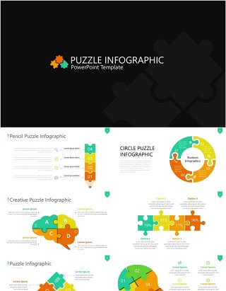 彩色拼图信息图PPT素材模板Wide Light Puzzle Infographic