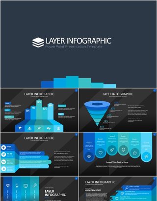 蓝色图层结构信息图PPT模板素材Wide Blue Dark Layer Infographic