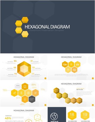 黄色六边形信息图PPT模板素材Wide Yellow Light Hexagonal Infographic