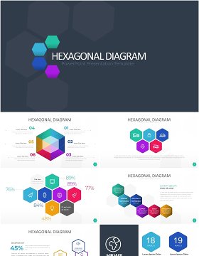 多彩色六边形信息图PPT模板素材Wide Light Hexagonal Infographic