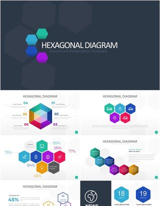 多彩色六边形信息图PPT模板素材Wide Light Hexagonal Infographic