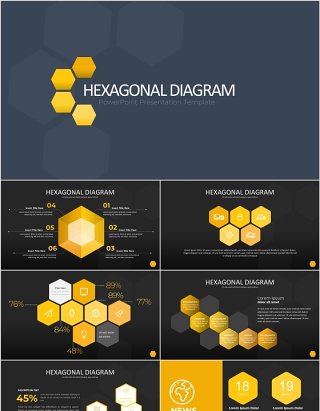 黄色六边形信息图PPT模板素材Wide Yellow Dark Hexagonal Infographic