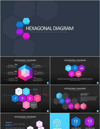 彩色六边形信息图PPT素材模板Wide Dark Hexagonal Infographic