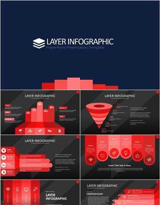 红色图层结构信息图PPT模板素材Wide Red Dark Layer Infographic