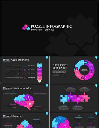 深色粉紫色拼图信息图PPT素材模板Wide Dark Puzzle Infographic