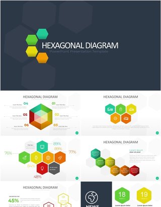 彩色六边形信息图PPT模板素材Wide Light Hexagonal Infographic