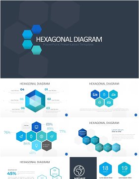 蓝色六边形信息图PPT模板素材Wide Blue Light Hexagonal Infographic