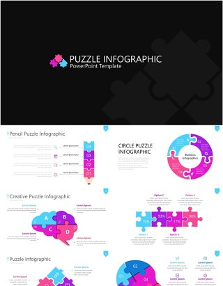 粉紫色拼图信息图PPT素材模板Wide Light Puzzle Infographic