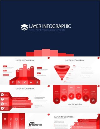 红色图层结构信息图PPT模板素材Wide Red Light Layer Infographic